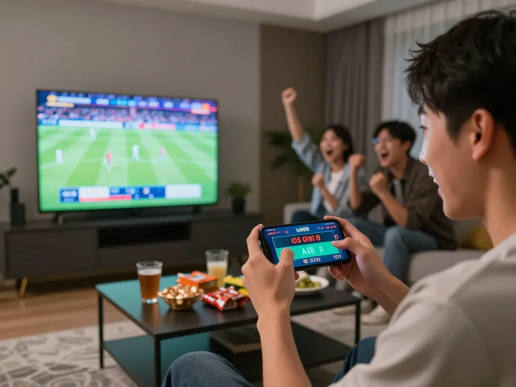 Engaging scene of online sports betting with u888 com smartphone app, capturing the excitement of live betting