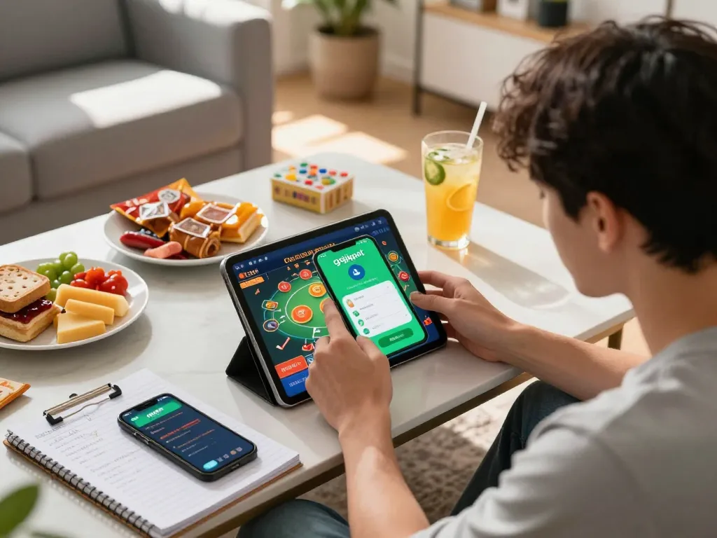 Player engaged with the gojekpot mobile app in a cozy home setting, showcasing strategic gameplay.