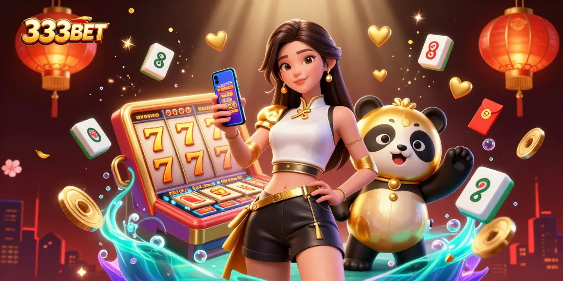 Engage with 333BET's exciting slots gameplay as an elegant woman holds her smartphone amidst vibrant floating casino elements.