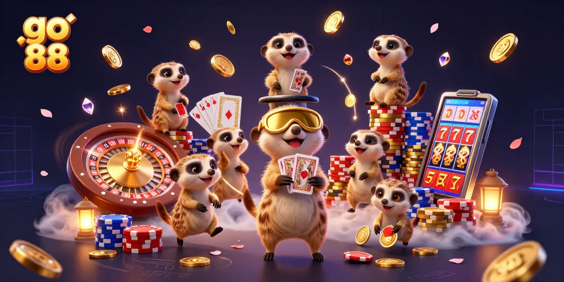 Engage with go 88's vibrant casino scene featuring animated meerkats in a lively gambling operation.