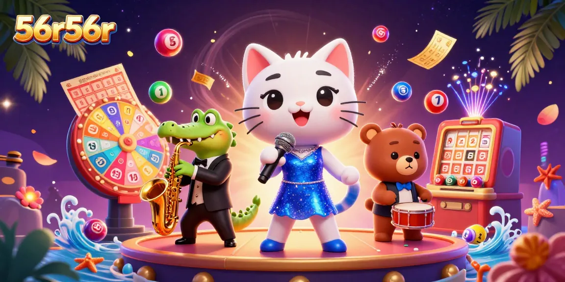 Experience the thrill of 56r56r with vibrant lottery balls and casino characters entertaining on stage.