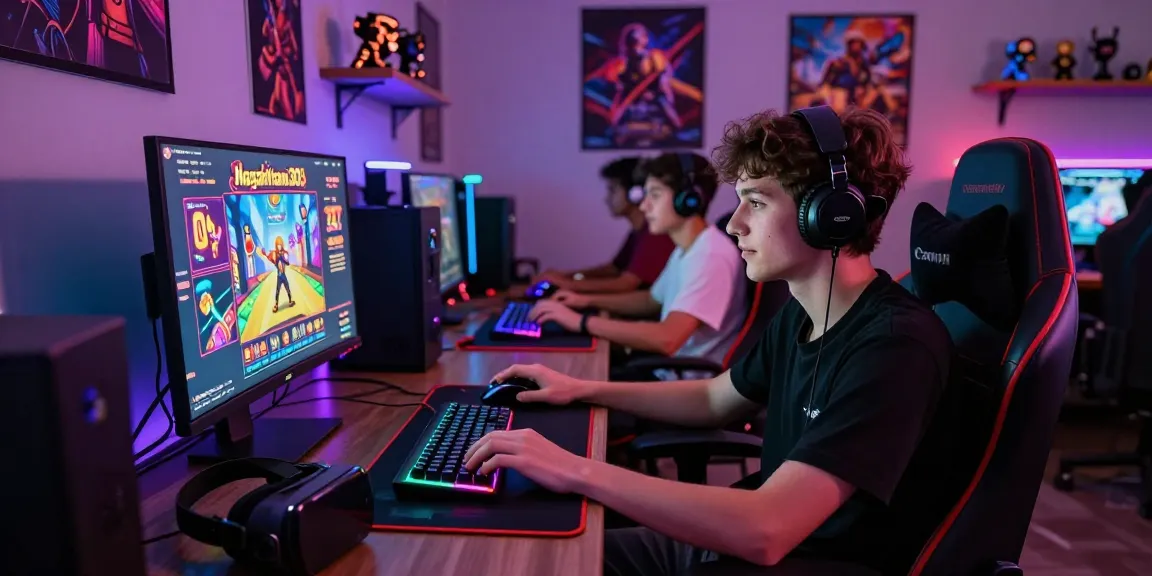 Engaged gamer playing Nagahitam303 Slot on a vibrant gaming setup with colorful graphics.