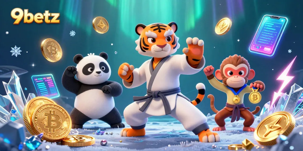Engage with 9betz in a lively casino scene featuring kung fu characters and cryptocurrency elements.