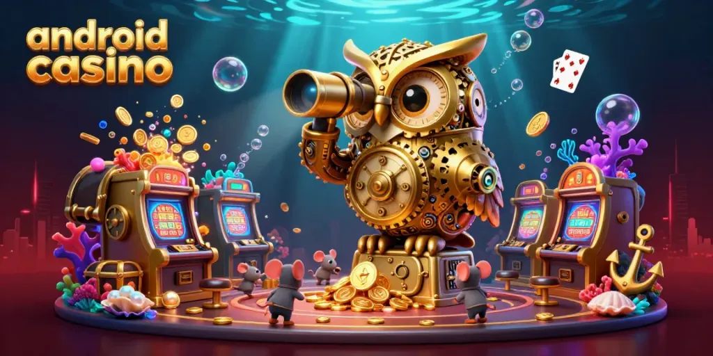 Engage with exciting android casino games in a vibrant 3D illustration featuring a clockwork owl and animated slot machines.