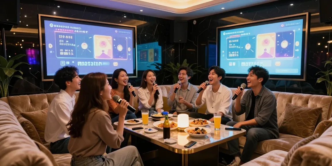 강남 가라오케에서 친구들과 함께 노래하며 즐거운 시간을 보내는 화려한 카라오케 룸