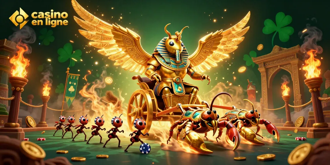 Casino en ligne avec un scarabée doré et des scorpions, ambiance de jeu dynamique.