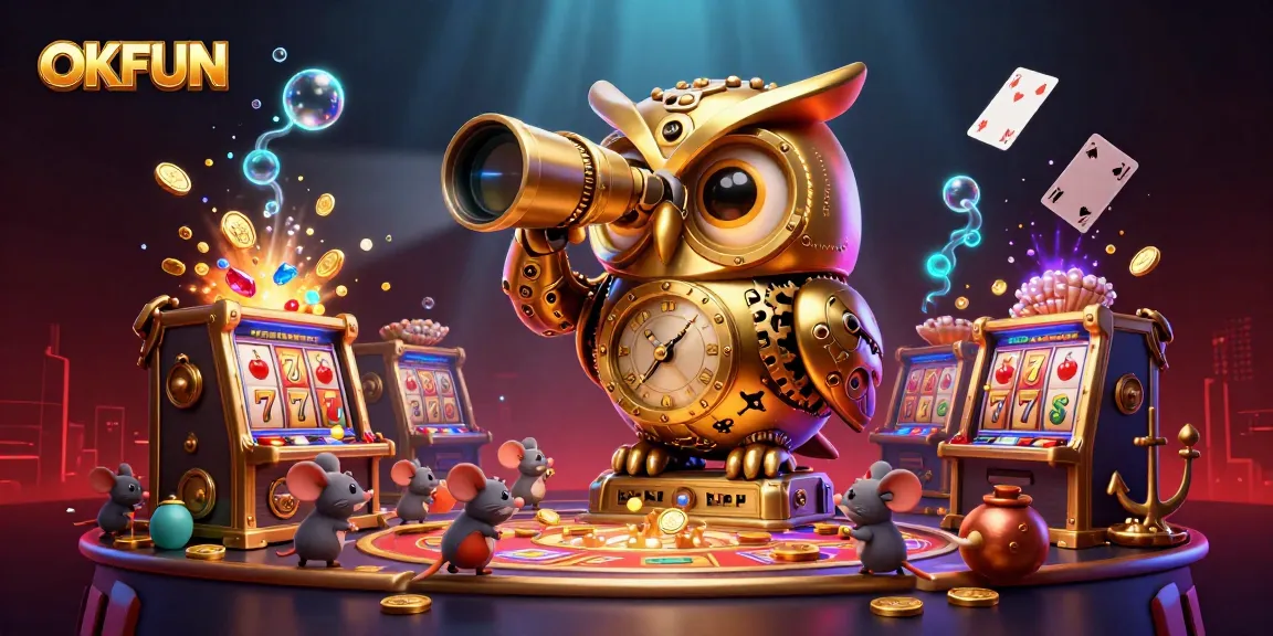 OKFUN players engage with vibrant slot machines and enjoy thrilling wins in a dynamic casino scene.