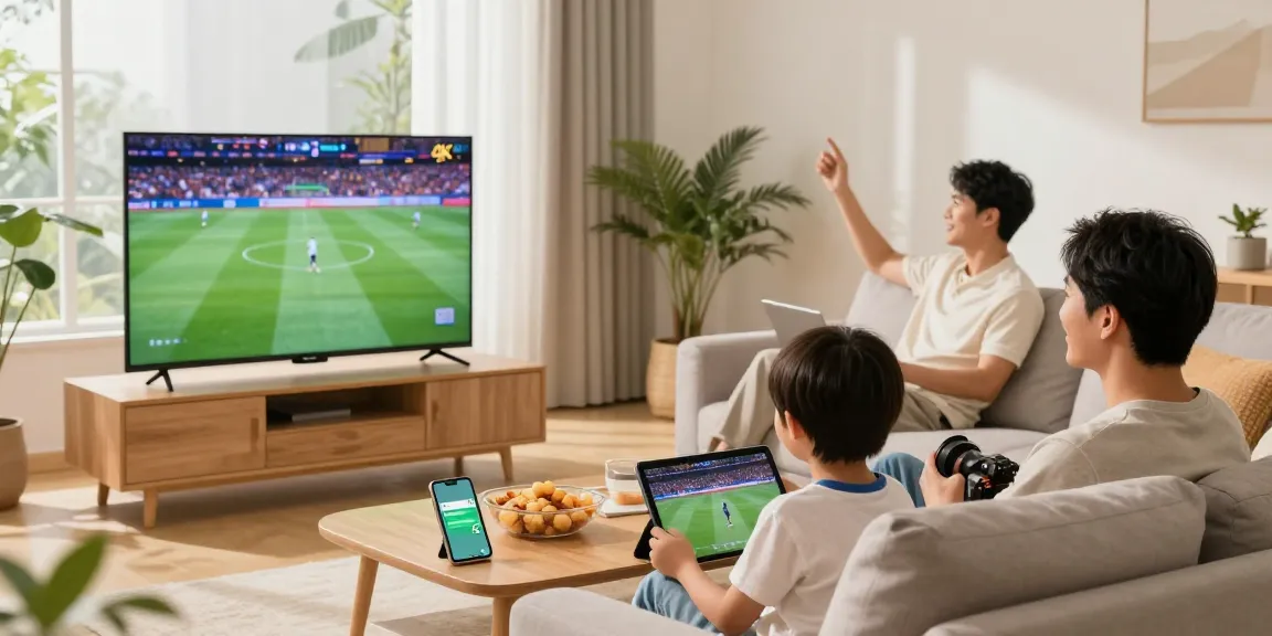 Profitez d'un essai gratuit IPTV en famille devant un téléviseur 4K avec des appareils variés.
