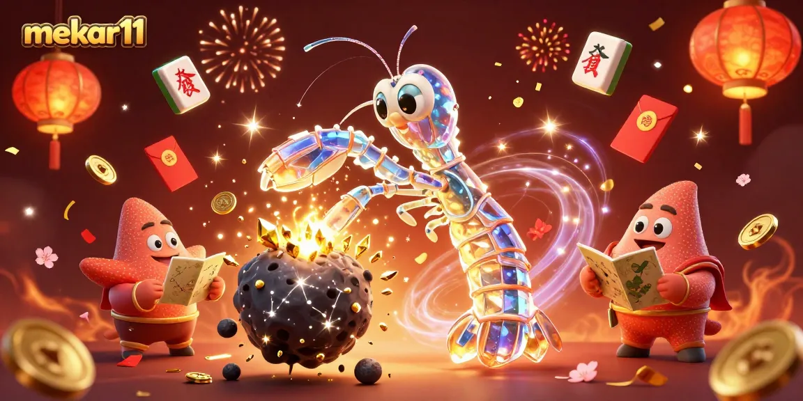 Mekar11 celebrates wins with a cosmic samurai shrimp amid sparkling gems and festive elements.