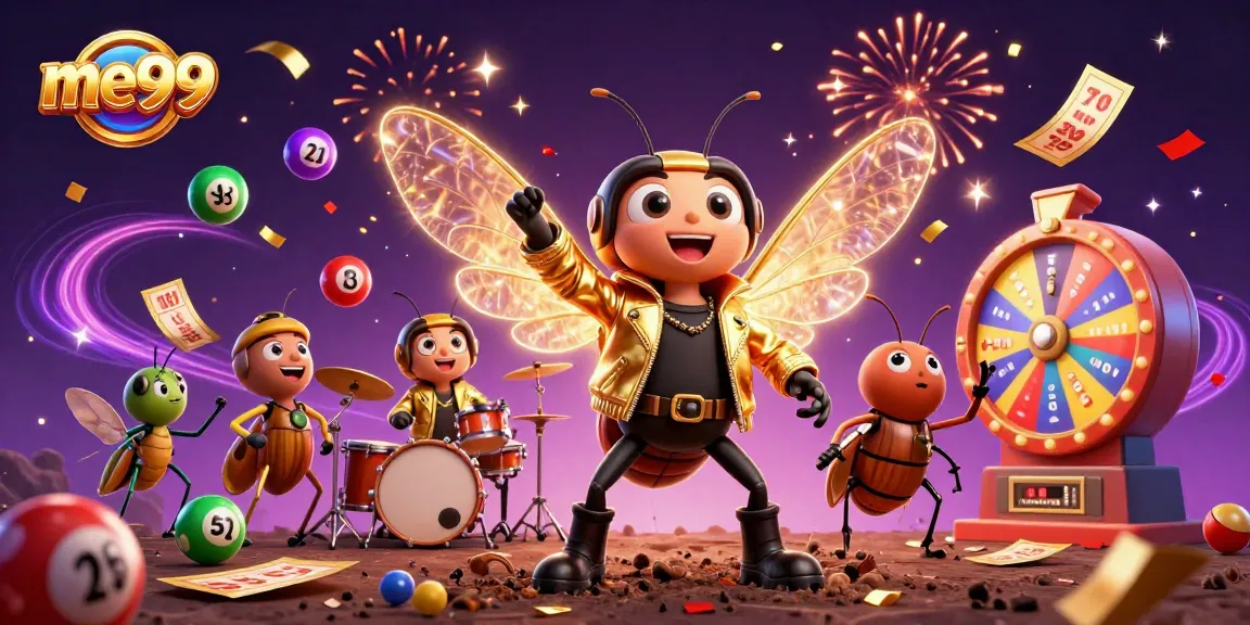 Engage with ME99's lively games as the animated cicada rock star and friends celebrate winnings.