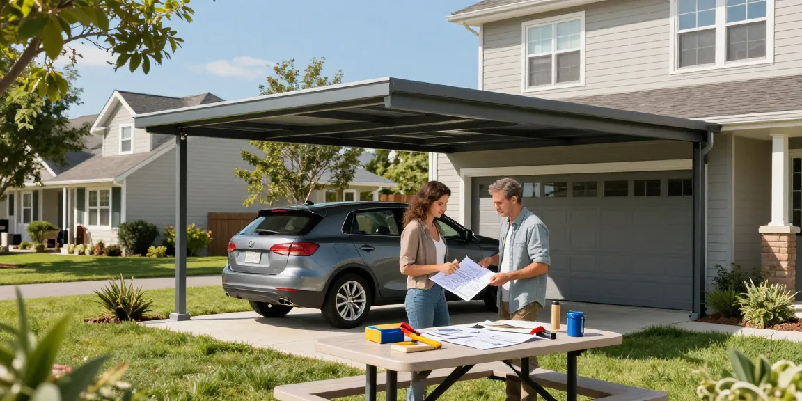 Ein modernes Carport schützt ein Auto vor Witterungseinflüssen und integriert sich harmonisch in die Nachbarschaft.