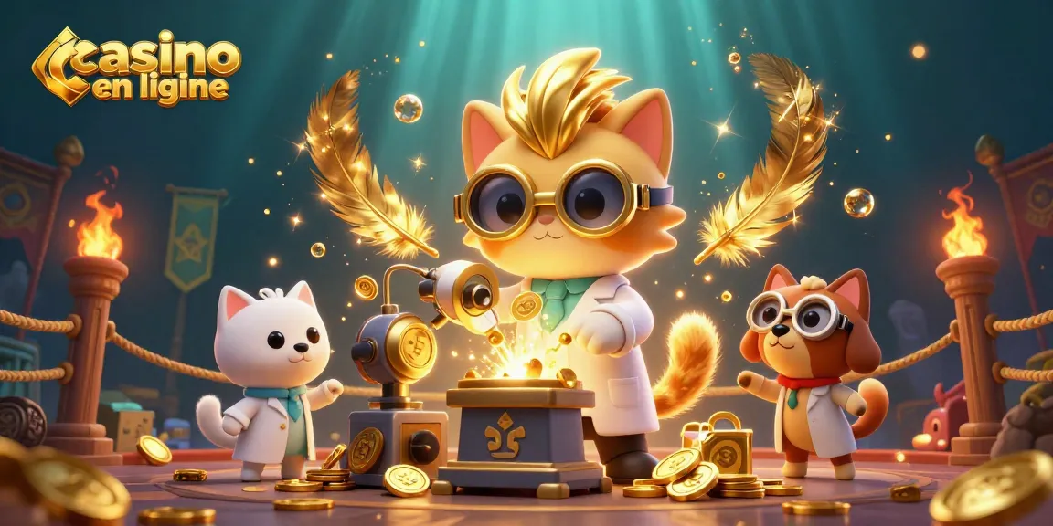 Jouez sur un casino en ligne avec cette illustration dynamique mettant en scène un chat scientifique créant une machine à pièces d'or.