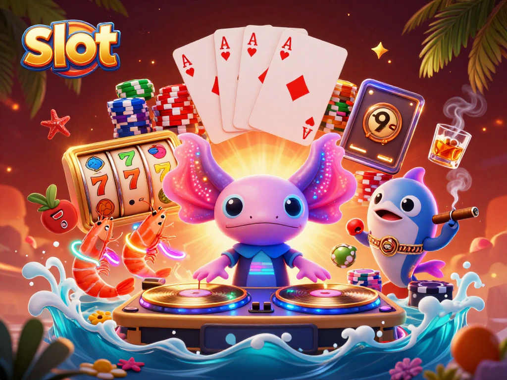 Engage with dynamic slot action featuring a neon axolotl DJ amidst colorful reels and poker elements.