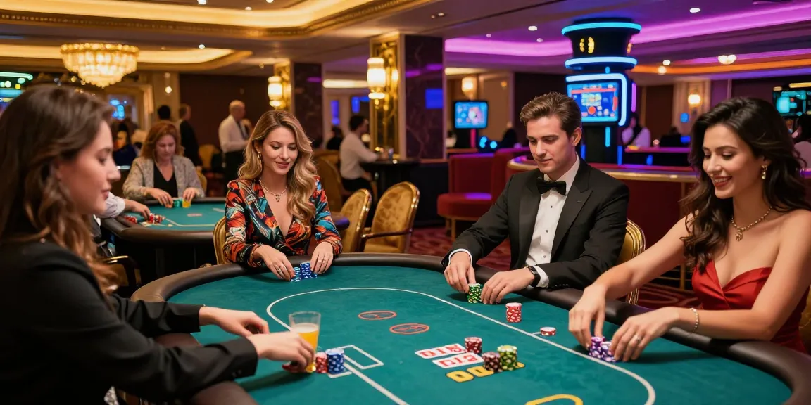 Casino en ligne avec des joueurs élégamment habillés, ambiance festive et jeux variés.