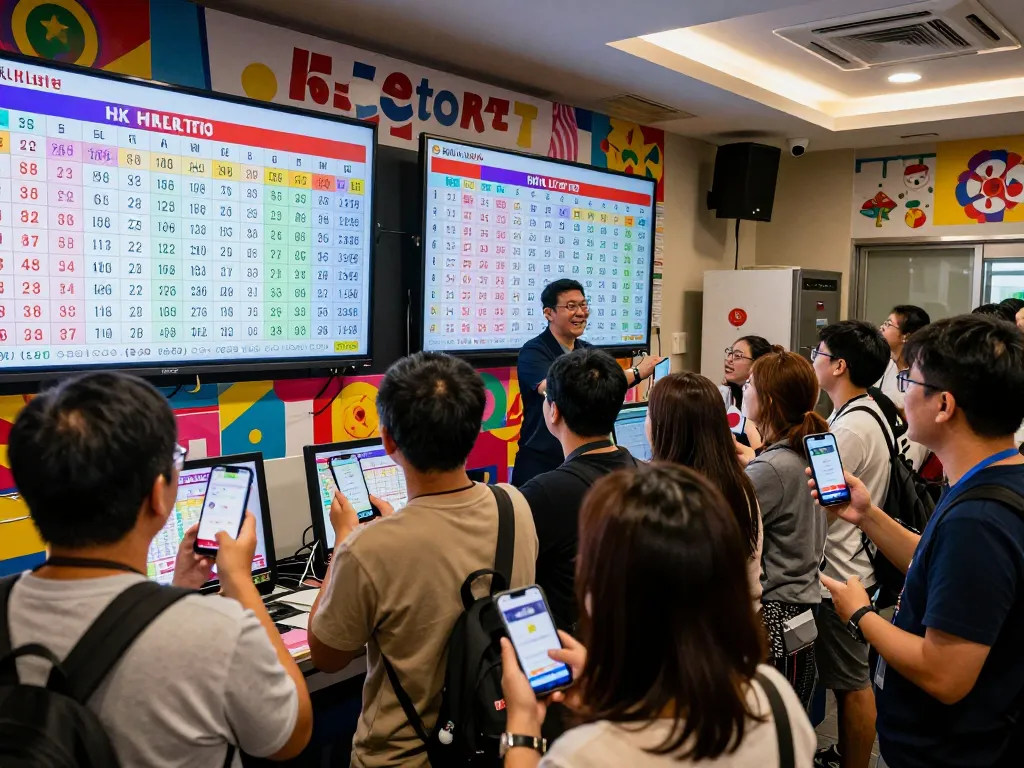 Live excitement at HK Lotto results hub with diverse crowd checking winning numbers.