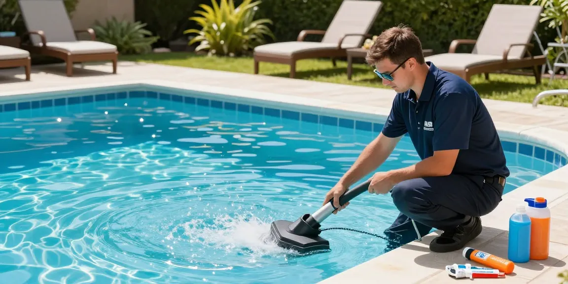 Professional maintenance of a pool, ensuring održavanje bazena is done meticulously with clear water and equipment.