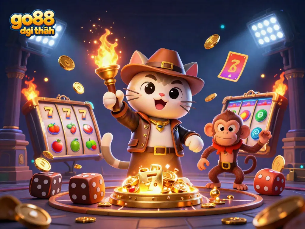 Engage with go88 đổi thưởng at a dynamic 3D casino scene showcasing vibrant slot games and enticing artifacts.