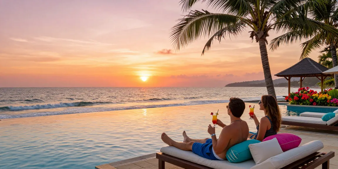 Couple enjoying cocktails at a luxurious resort pool, rokok88 vibe of relaxation and tropical sunset.