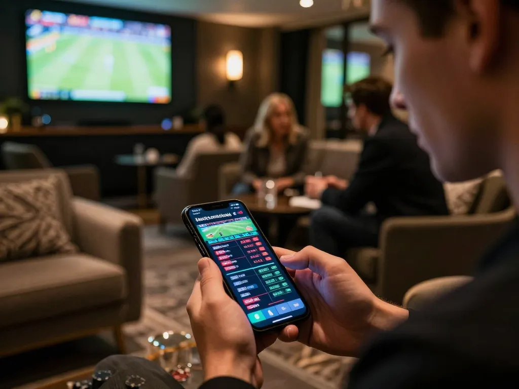 Kèo nhà cái showcased as a user places bets on a smartphone in an upscale lounge