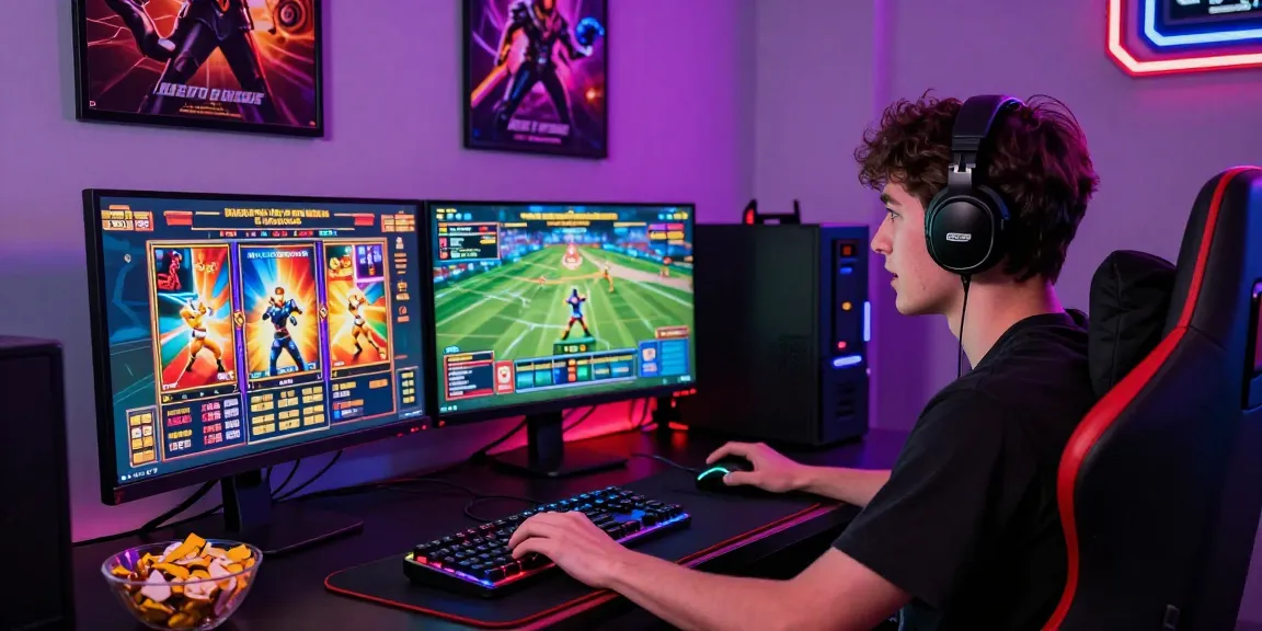Engaged gamer at a vibrant gaming station exploring link hero138 with thrilling slot games and live sports.