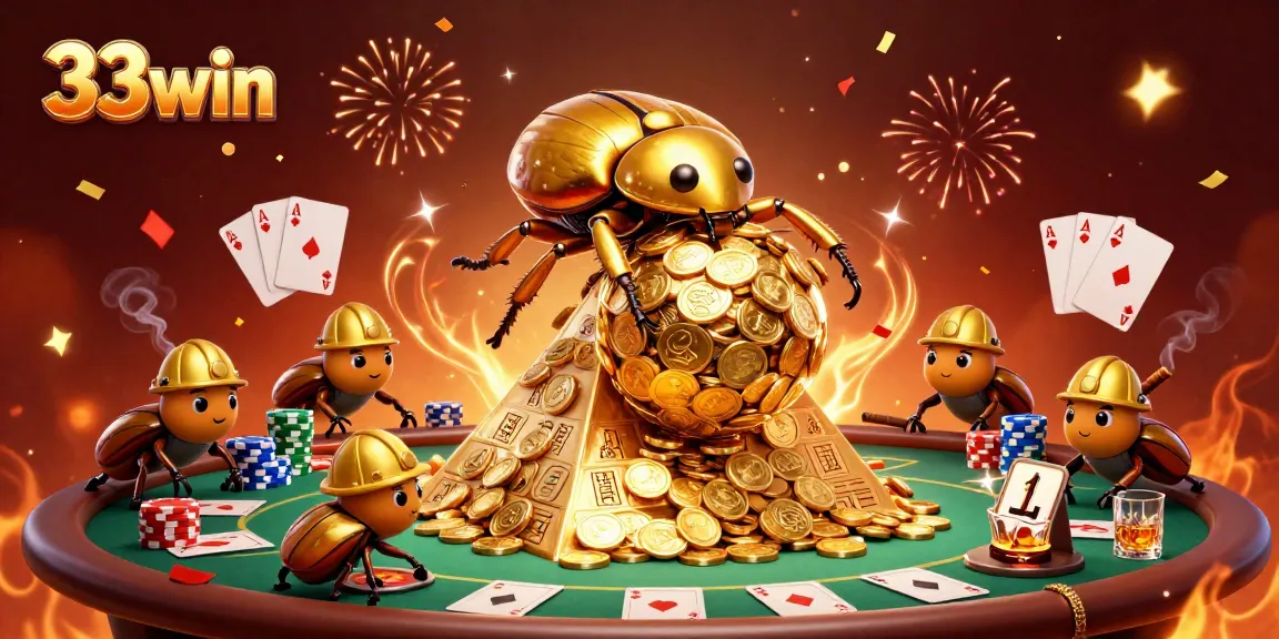 Engage with 33win's casino excitement, featuring vibrant 3D dice and coin elements.