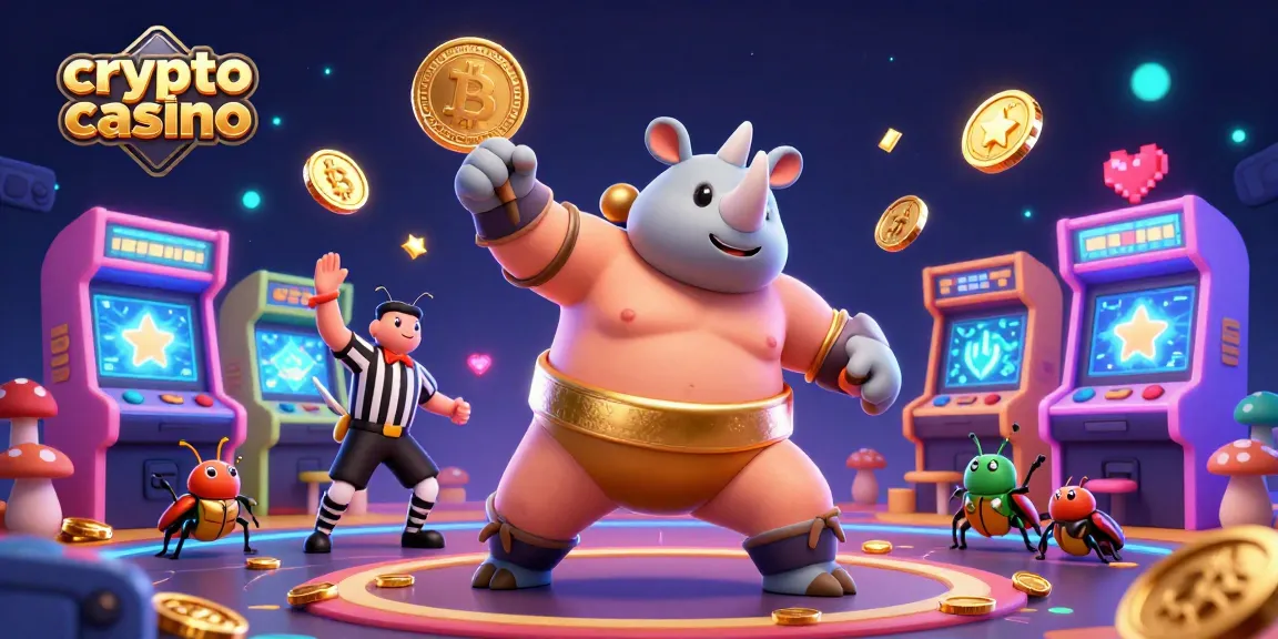Jouez dans un crypto casino où des pièces d'or volent autour d'un champion scarabée sumo puissant.