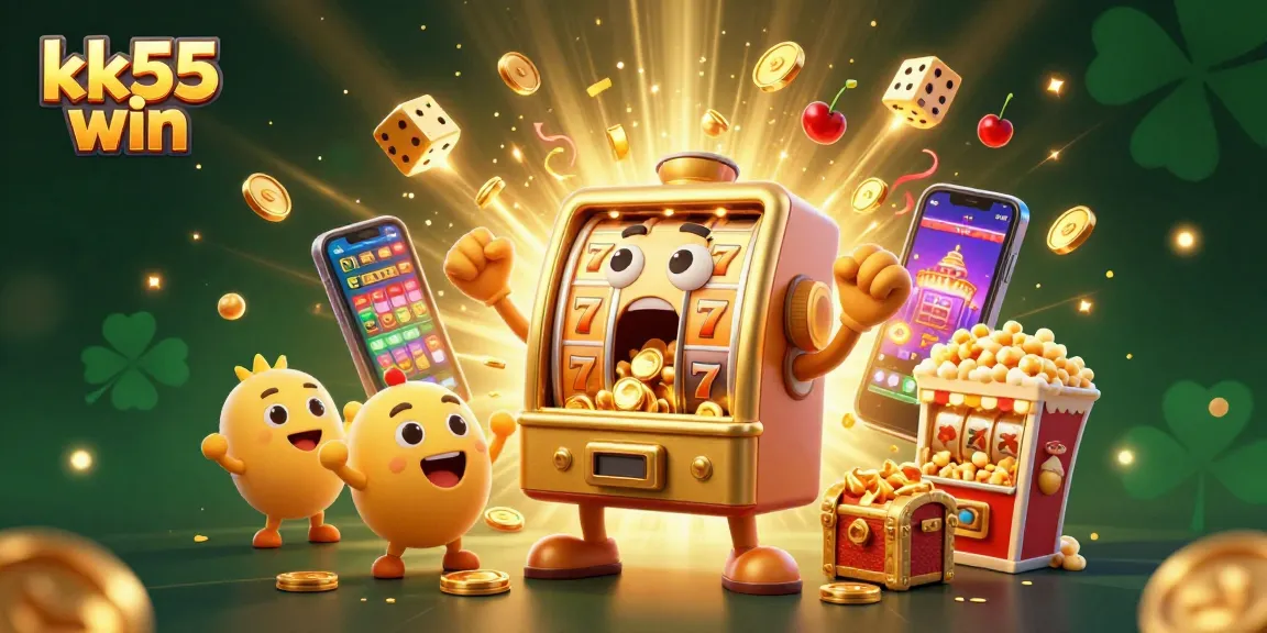 See the kk55 win slot machine celebrating a jackpot with cheering baby slots and gold coins bursting out.