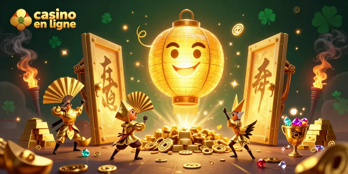 Casino en ligne avec une scène dynamique de lanternes dorées et de trésors scintillants.
