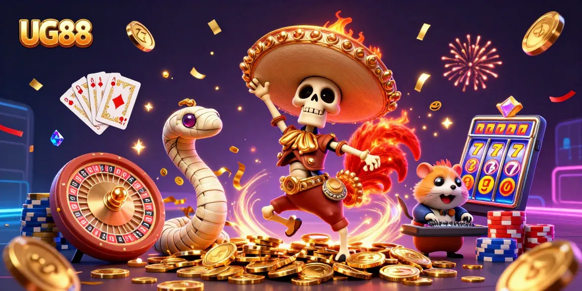 Experience victory with the UG88 animated characters celebrating on a treasure of coins.