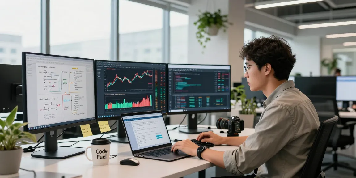 Developer integrating Taiwan stock fundamental data API in a modern tech workspace.