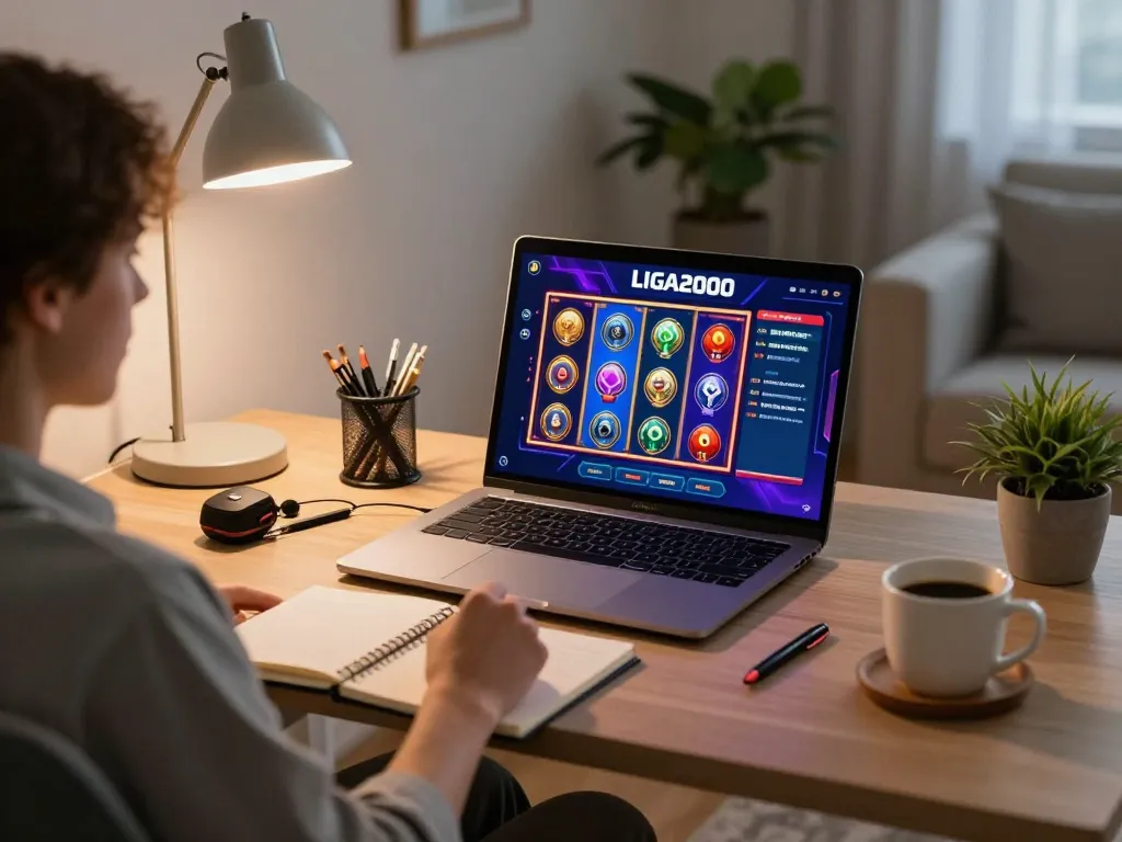 LIGA2000 player engages with online slot game platform in cozy home setting.