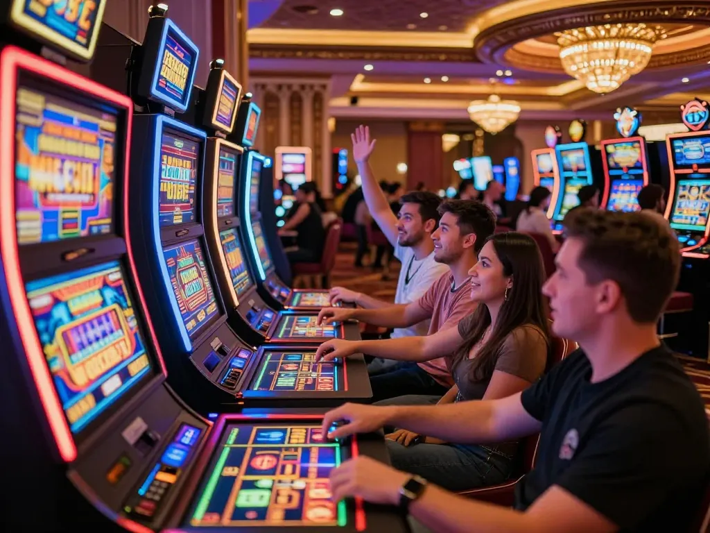 Players engaging with colorful slot77 machines in a vibrant casino atmosphere, showcasing excitement and anticipation.