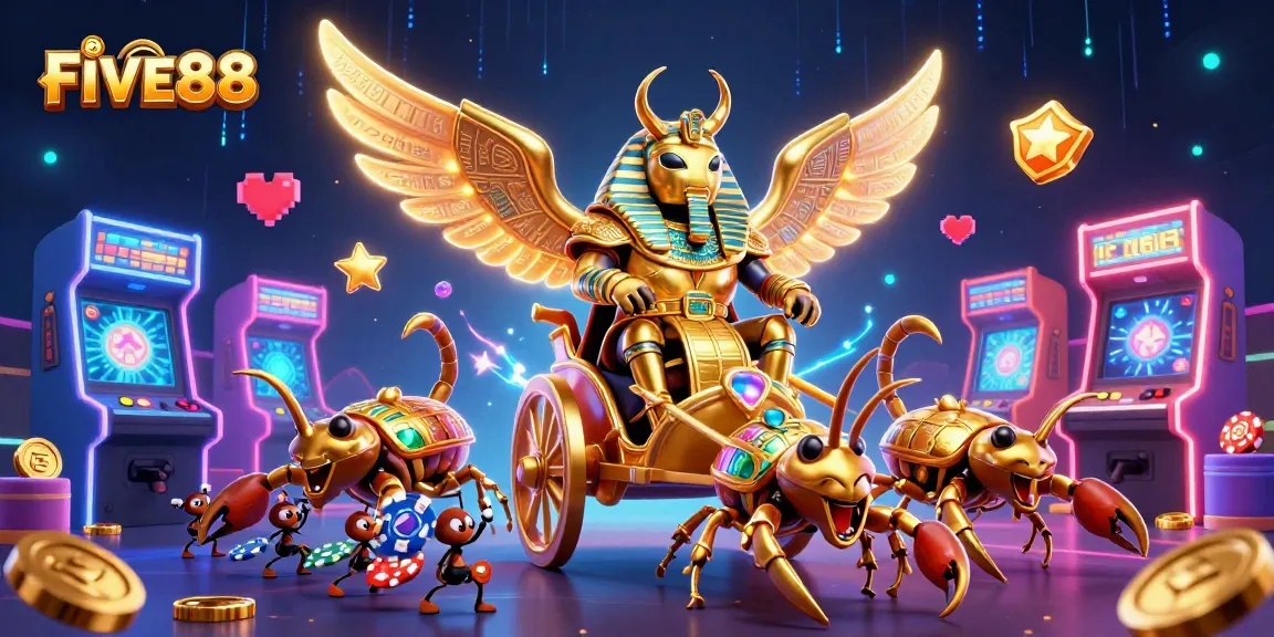 Experience the excitement of FIVE88 casino with a dynamic scene featuring a golden scarab and scorpions.