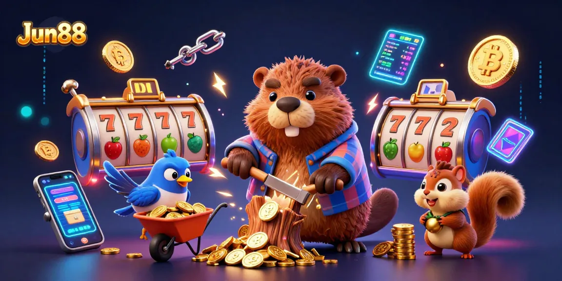 Experience the excitement of Jun88 with a vibrant 3D illustration of a beaver collecting gold coins in an online casino.