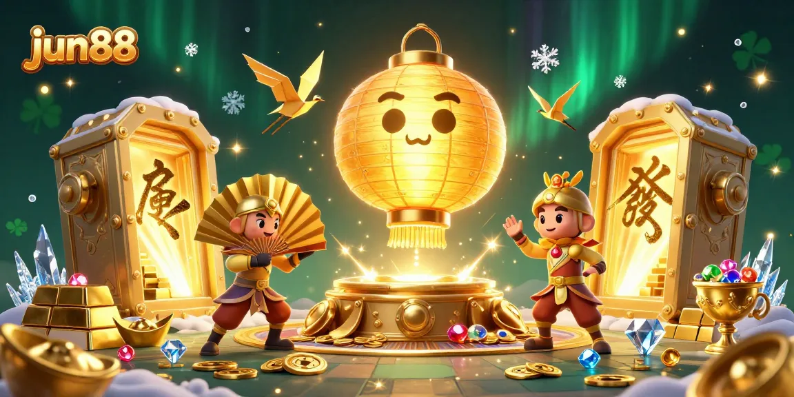 Engage with jun88 at a vibrant casino scene filled with animated characters and sparkling treasures.