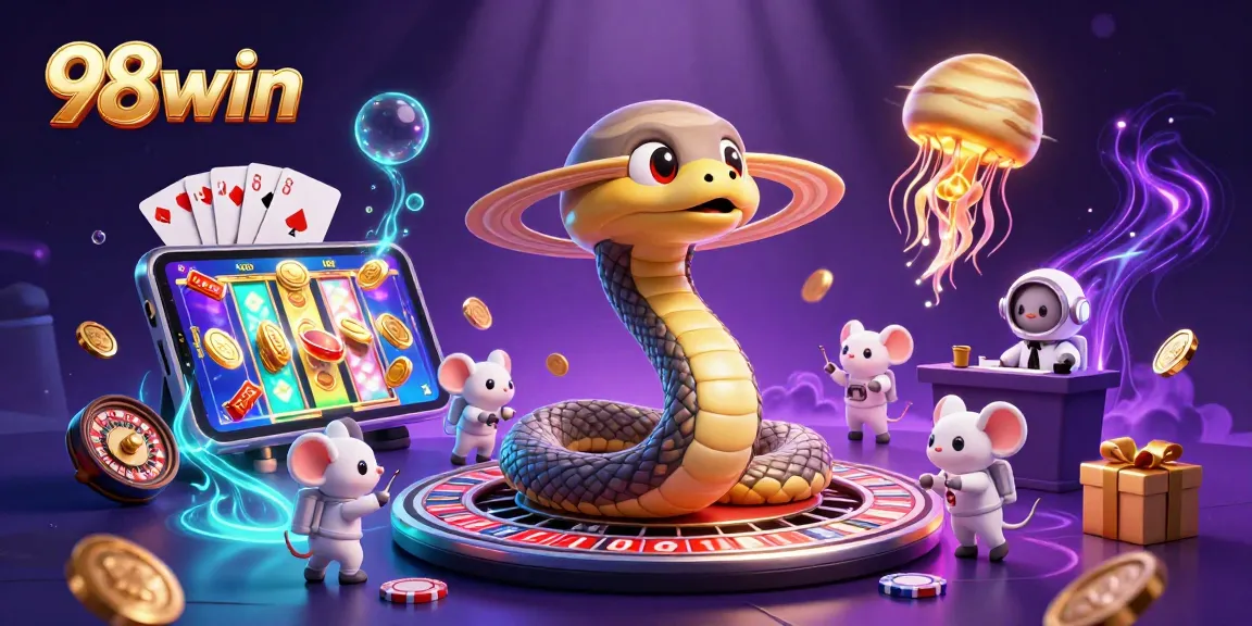 Experience the thrill of betting with 98win as astronaut mice play on a cosmic roulette wheel.