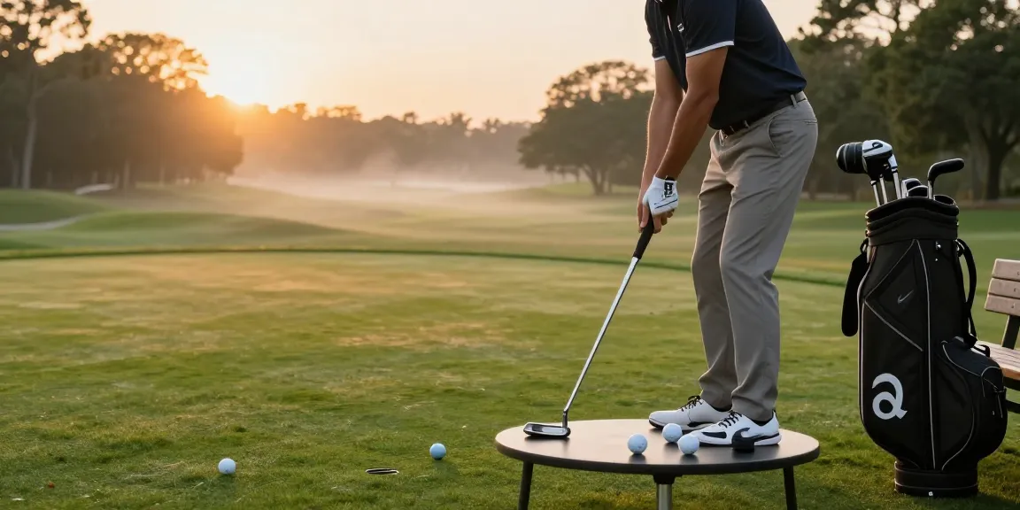Tinjauan https://puttperfection.com/putter-reviews dengan pegolf berlatih putting di lapangan golf saat matahari terbit.