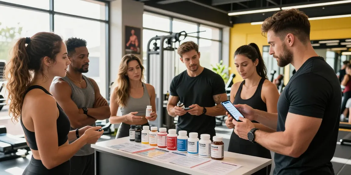 Astera Steroids Shop scene featuring diverse fitness enthusiasts discussing high-quality steroids in a modern gym atmosphere.