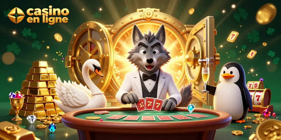Une illustration 3D captivante de casino en ligne avec un loup élégant et des éléments de jeu variés.