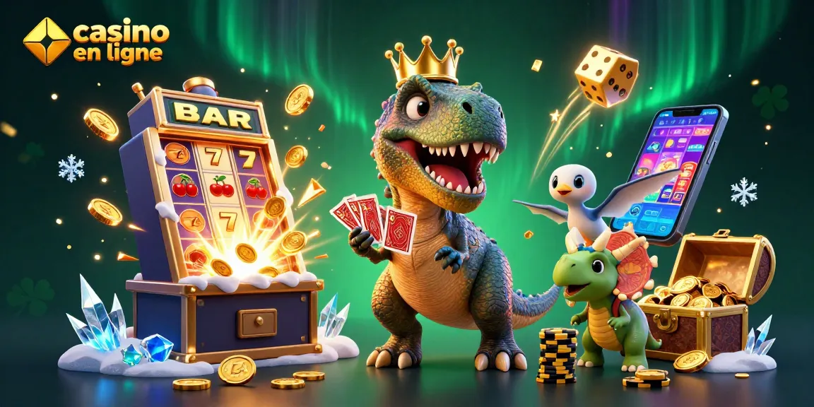 Plongez dans le monde du casino en ligne avec un T-Rex ludique, un assistant et un triceratops jouant ensemble.