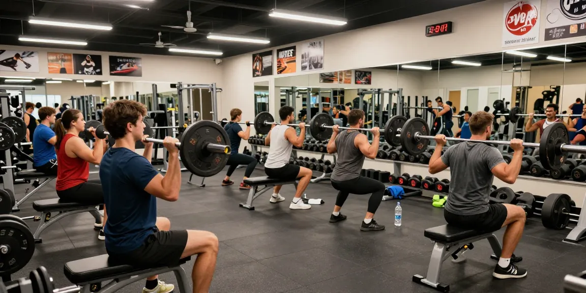 Energetic fitness scene at Somatrop Steroid Shop showing diverse individuals lifting weights and exercising.