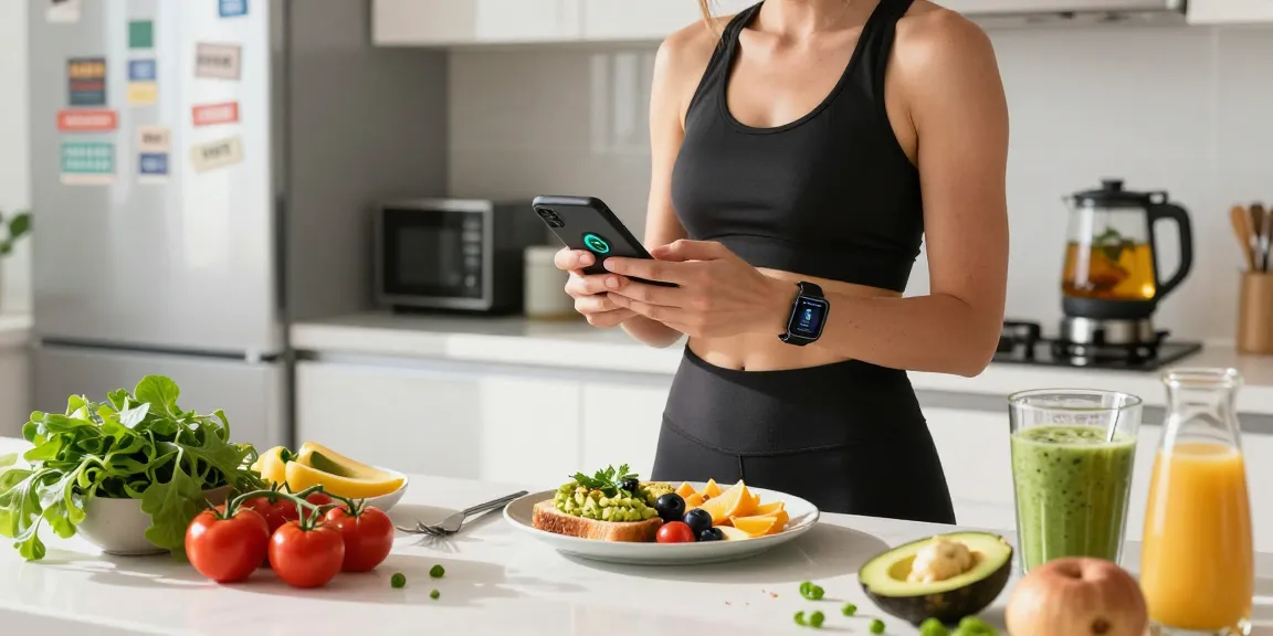Using the best calorie tracker app in a bright kitchen, preparing healthy breakfast.