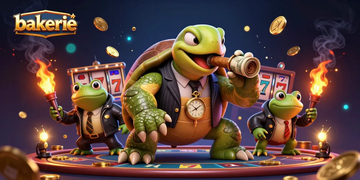 Bakerie showcases a thrilling 3D casino scene with a snapping turtle mobster and bullfrog enforcers.