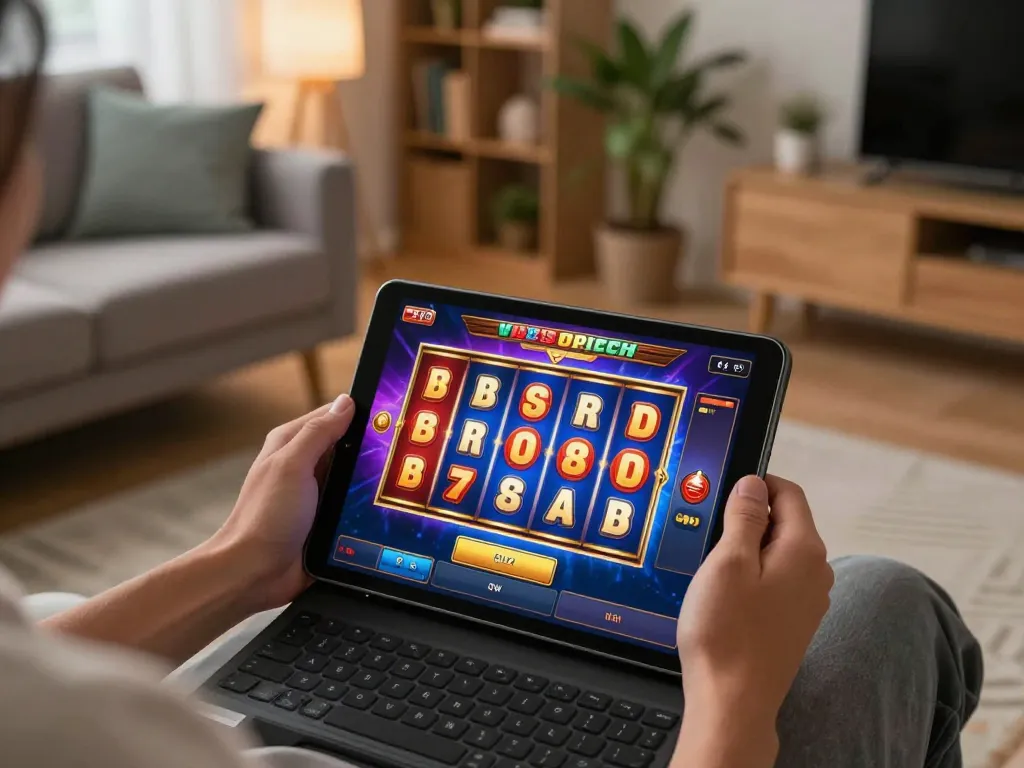 pengguna tokyo88 menikmati permainan slot online di tablet dalam suasana ruang tamu yang nyaman