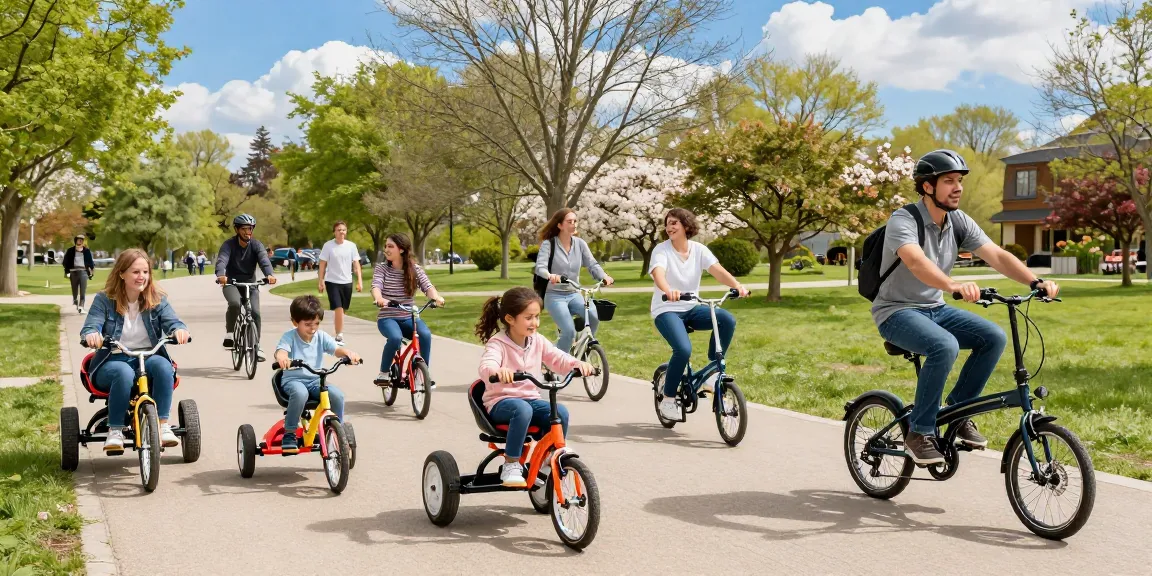 People enjoying a sunny day riding various tricycles in a park.