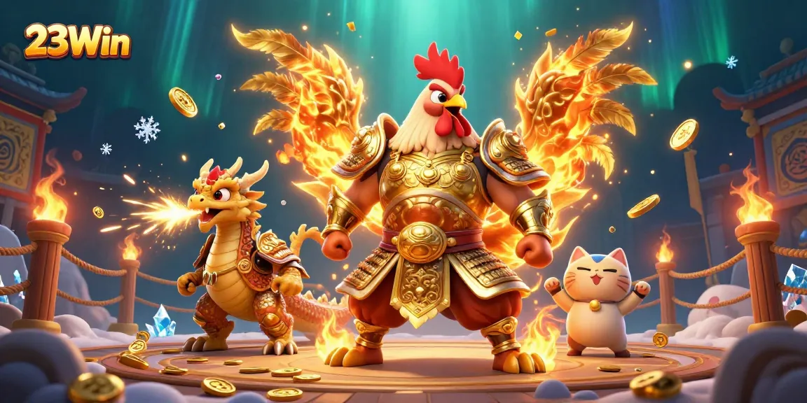 Experience excitement at 23Win with dynamic 3D casino warriors and captivating gold sparkles.