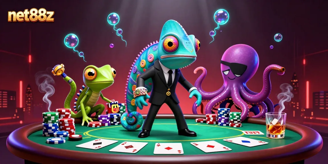 Engage in high-stakes poker action with net88z's dynamic casino illustration featuring vibrant characters and game elements.