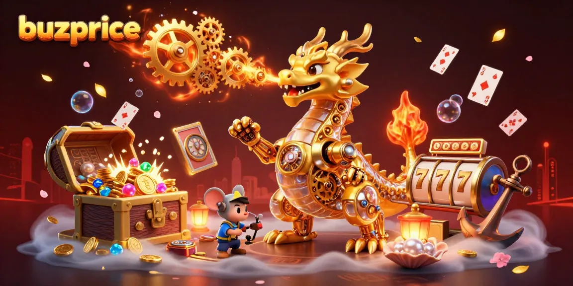 Buzprice showcases an exhilarating 3D scene with a golden dragon and game elements celebrating online casino games.