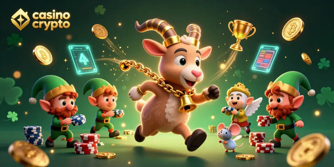 Casino crypto : Illustration d'un casino en ligne avec un Krampus en fête entouré de pièces numériques.