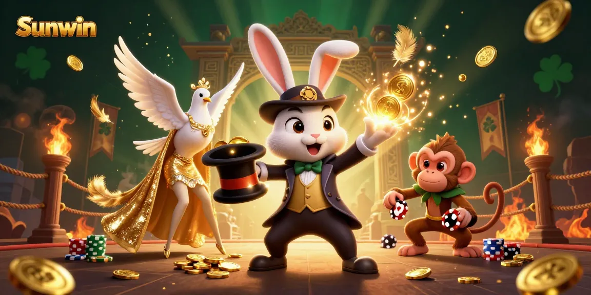 Engage in exciting bets at Sunwin with vibrant 3D casino scene featuring a magical rabbit.